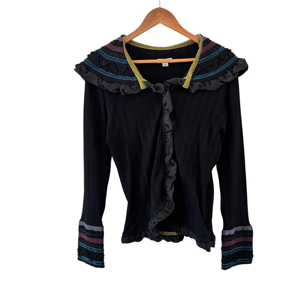 Cache Ruffle Trim Cardigan Sweater Womens L Black Velvet Whimsigoth Boho